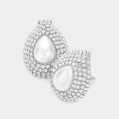 Crystal pearl teardrop clip on earrings - Silver, White