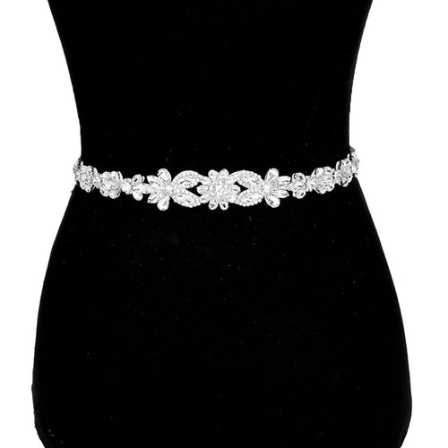 Crystal Rhinestone Floral Bridal Wedding Belt Headband - Silver White