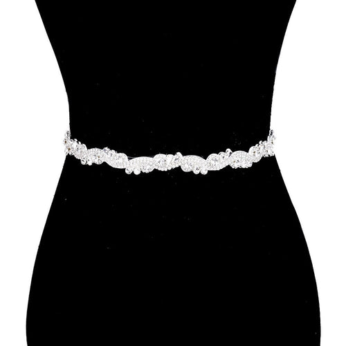 Crystal Rhinestone Sash Ribbon Bridal Belt Headband Tie - Silver
