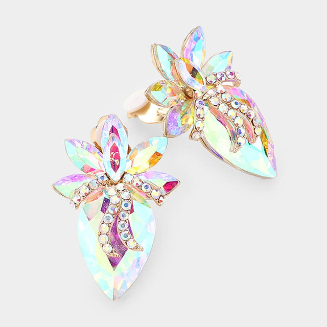 AB, Gold Crystal Teardrop Accented Clip On Earrings