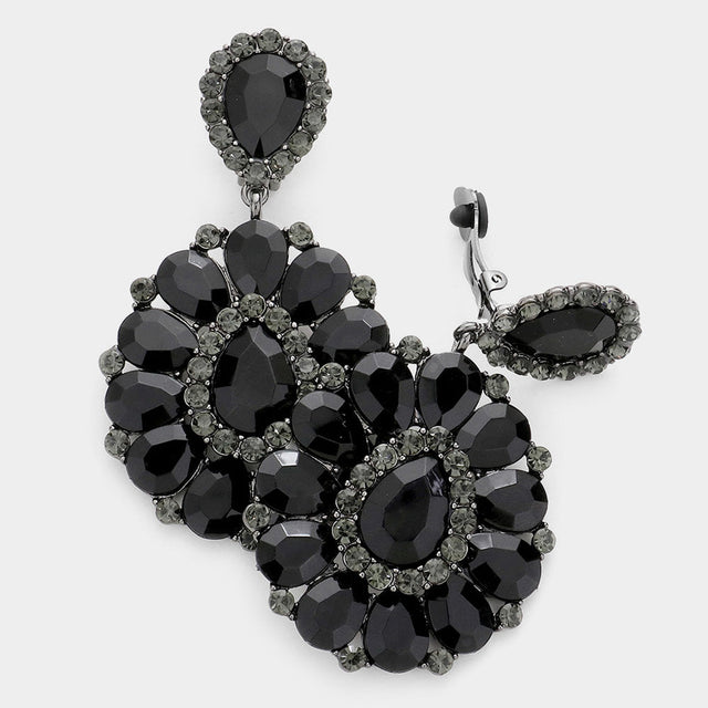 Black Crystal Teardrop Cluster Statement Clip on Earrings