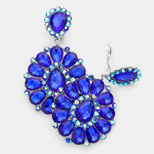 Crystal Teardrop Cluster Statement Clip on Earrings - Royal Blue