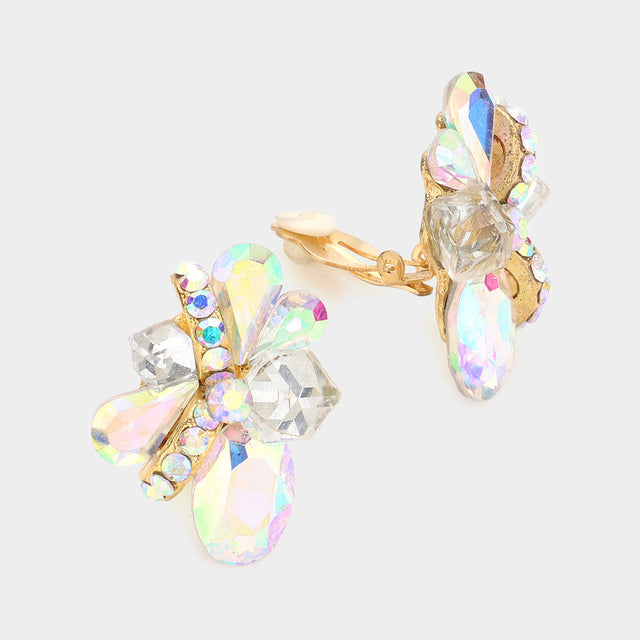 AB, Gold Cube Accented Rhinestone Clip On Earrings