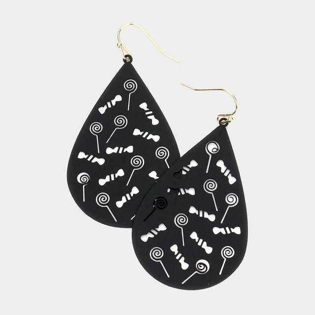 Black, Gold Cut Out Lollipop Candy Accented Teardrop Dangle Earrings