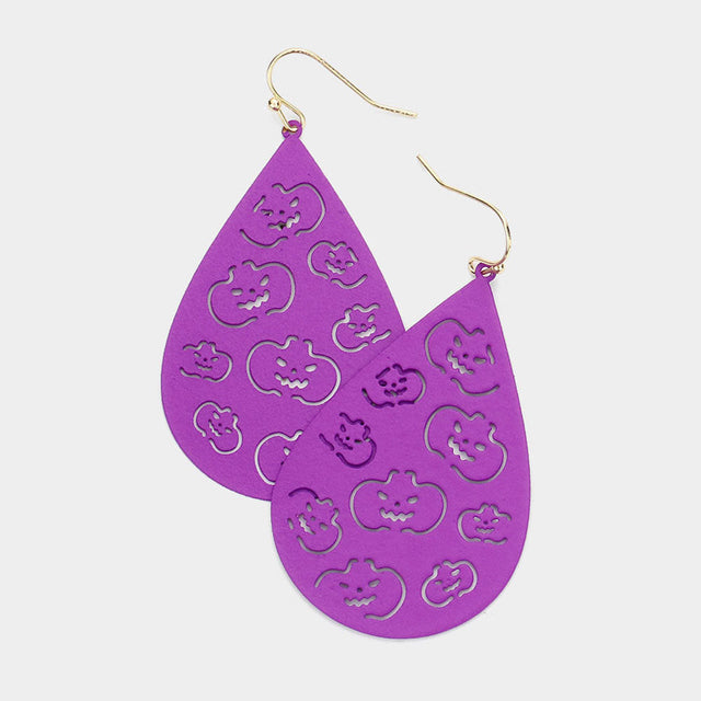 Purple Cut Out Pumpkin Accented Teardrop Dangle Earrings
