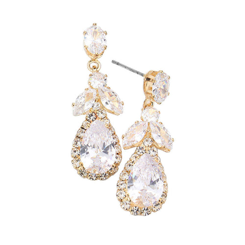CZ Multi Stone Dangle Evening Earrings - Gold