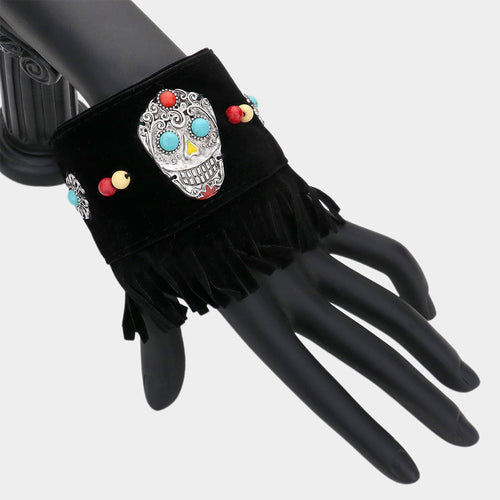 Day of the Dead Mexican Sugar Skull Faux Suede Fringe Bracelet - Black, Silver Burnished