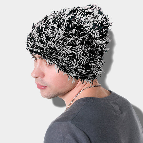 Distressed Knitted Fuzzy Winter Beanie Hat - Black, White