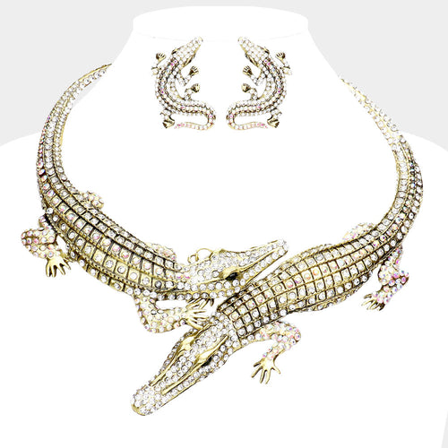 Double Alligator Evening Necklace - AB, Gold
