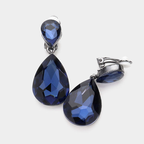 Women's Double Teardrop Stone Link Clip on Evening Dangle Earrings - Black, Montana Blue