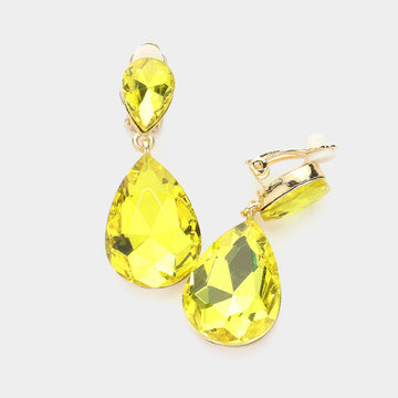 Gold, Yellow Double Teardrop Stone Link Clip on Evening Earrings