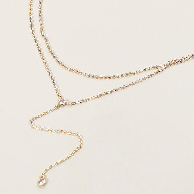 Gold Dropped Round Stone Double Layered Y Necklace