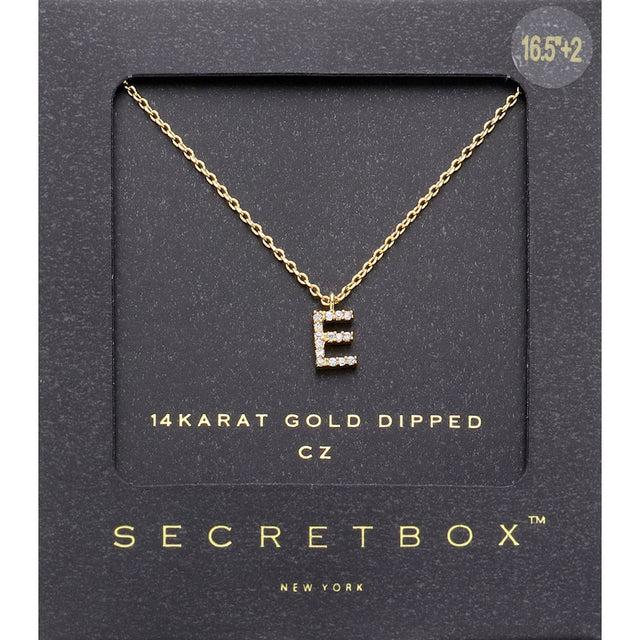 ~E~, Gold -E- Secret Box _ 14K Gold Dipped CZ Initial Monogram Pendant Necklace