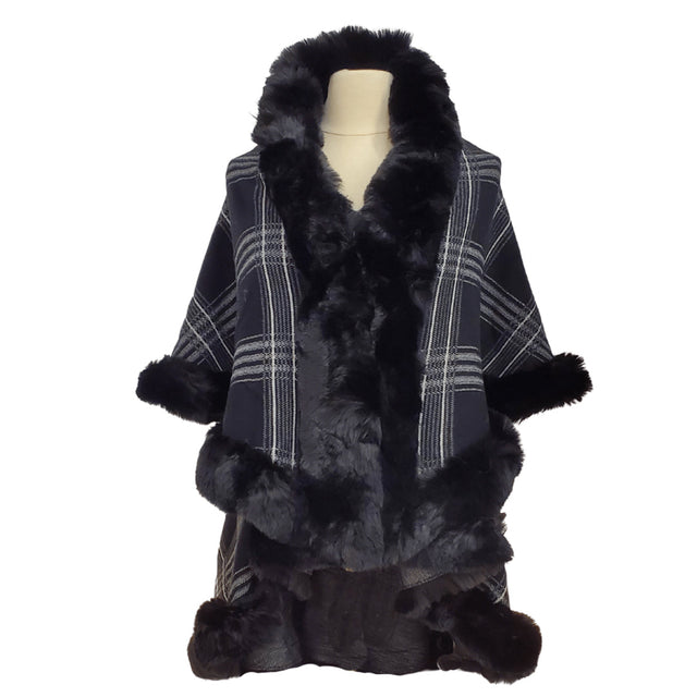 Elegant Faux Fur Trim Plaid Knit Ruana Poncho Cape - Black - Ruanas