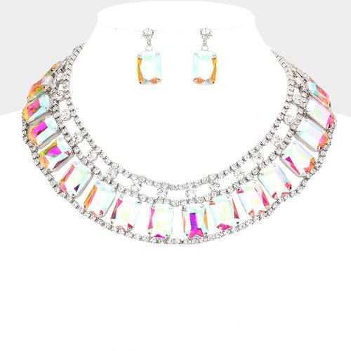 Emerald Cut Stone Accented Collar Evening Necklace - AB, Rhodium
