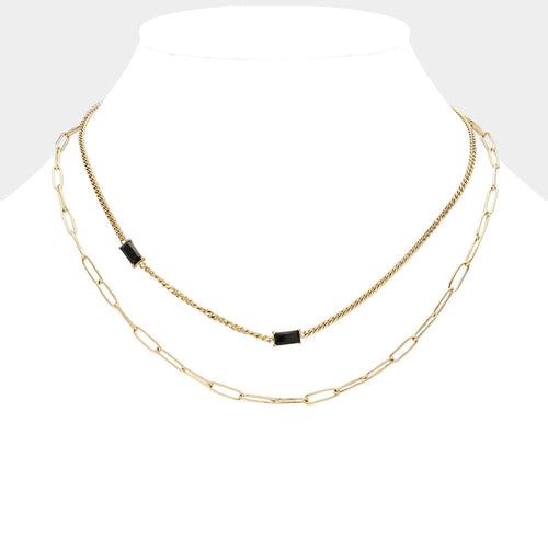Emerald Cut Stone Cluster Pointed Stainless Steel Paperclip Chain Layered Necklace - Black, Gold