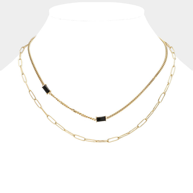 Black, Gold Emerald Cut Stone Cluster Pointed Stainless Steel Paperclip Chain Layered Necklace