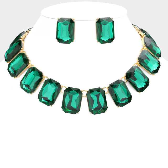 Emerald, Gold Emerald Cut Stone Link Evening Necklace