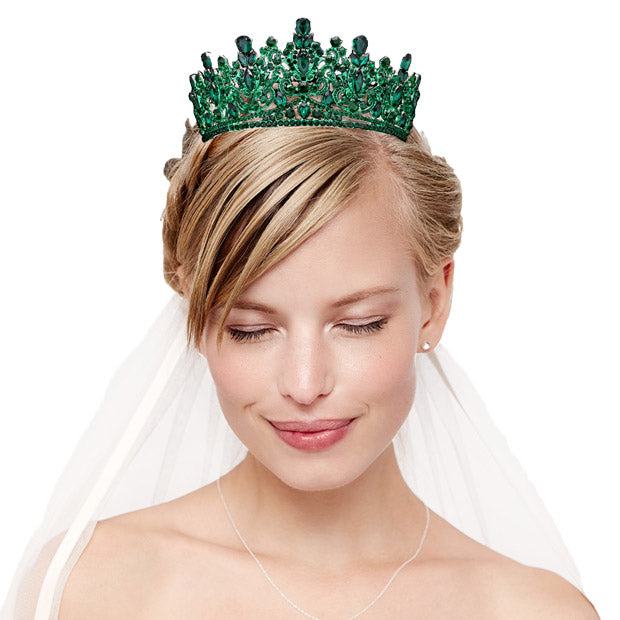 Emerald Green Teardrop Marquise Stone Accented Crown Tiara made from gorgeous marquise stone is the epitome of elegance. Exquisite design with gorgeous color and brightness, Unique hair jewelry is suitable for any special occasion, birthdays, weddings, pageants, proms, parties, quinceanera. Perfect gift for a bride to be.