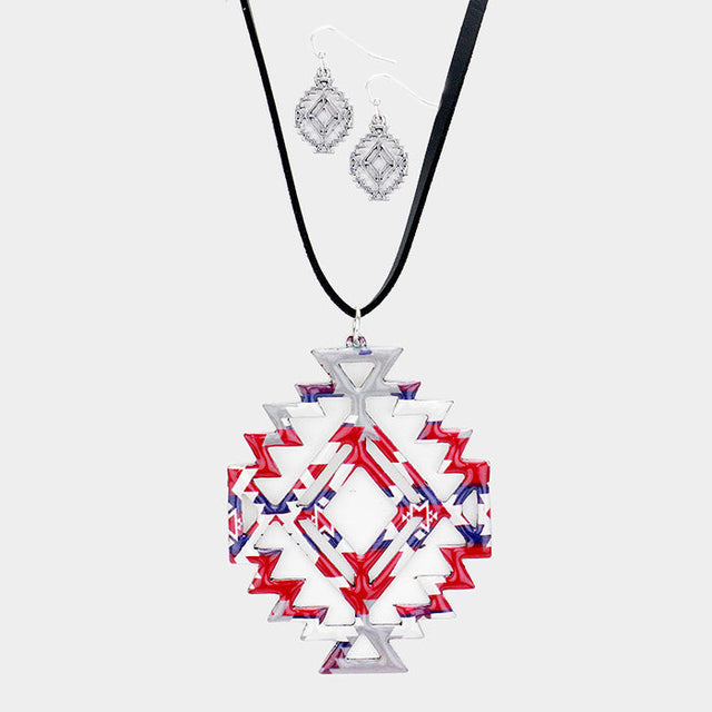 Multi, Silver Burnished Enamel Aztec Pattern Pendant Leather Long Necklace