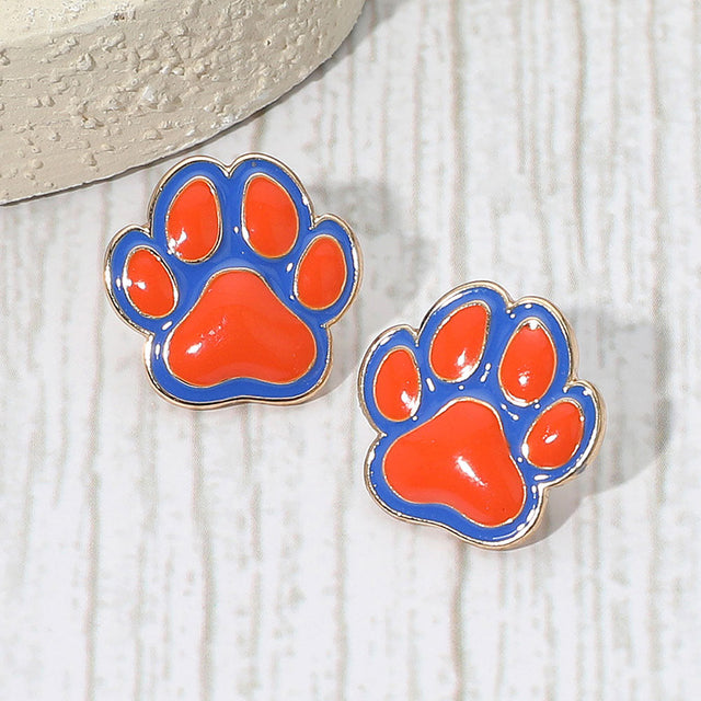 Blue, Orange Enamel Game Day Paw Stud Earrings