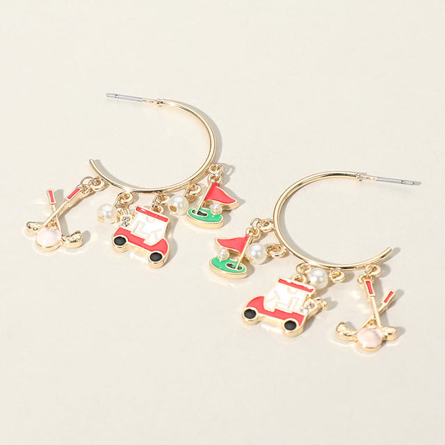 Gold, Red Enamel Golf Pearl Charm Dangle Hoop Earrings