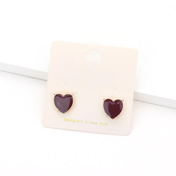Enamel Heart Stud Earrings - Burgundy - Earrings