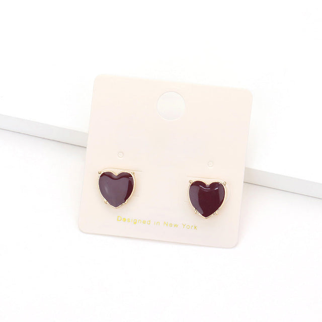 Enamel Heart Stud Earrings - Burgundy - Earrings