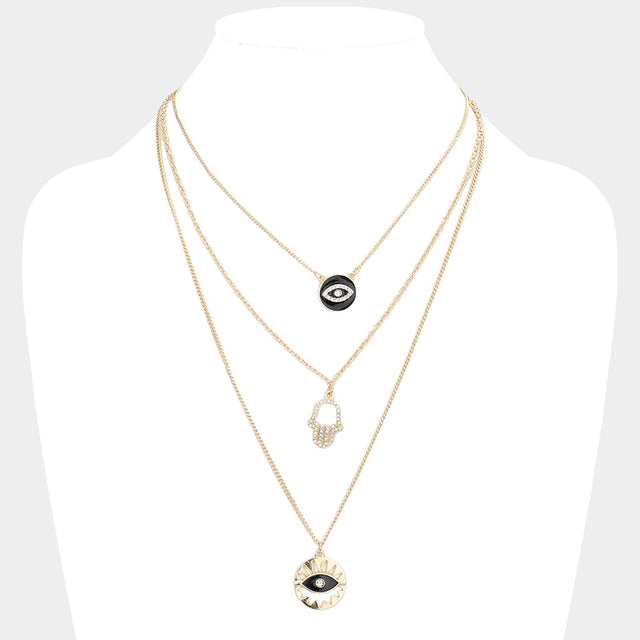 Black Enamel Rhinestone Embellished Evil Eye Hamsa Hand Pendant Triple Layered Necklace
