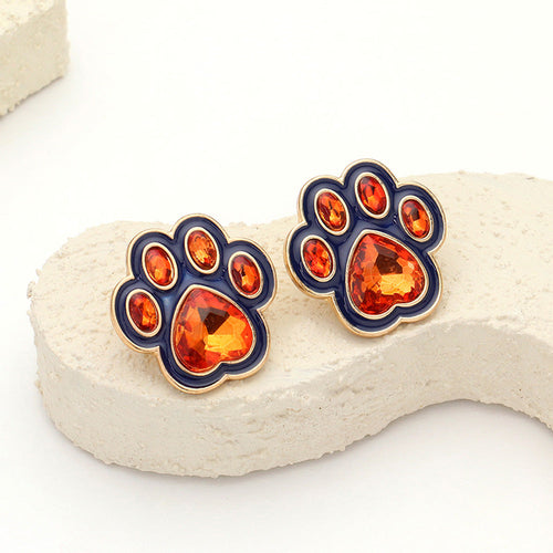Enamel Stone Game Day Paw Stud Earrings - Navy, Orange