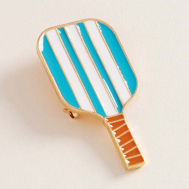 Turquoise Enamel Striped Pickleball Paddle Pin Brooch