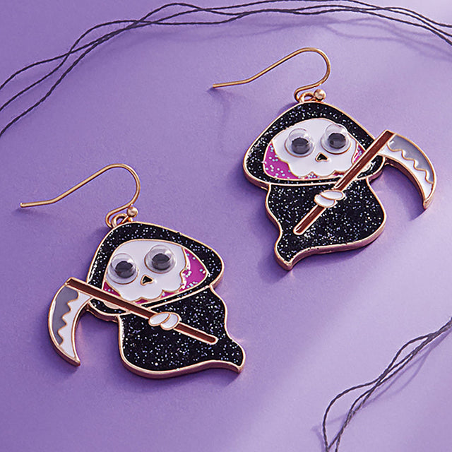 Gold Eye Pointed Glittered Enamel Skull Grim Reaper Dangle Earrings