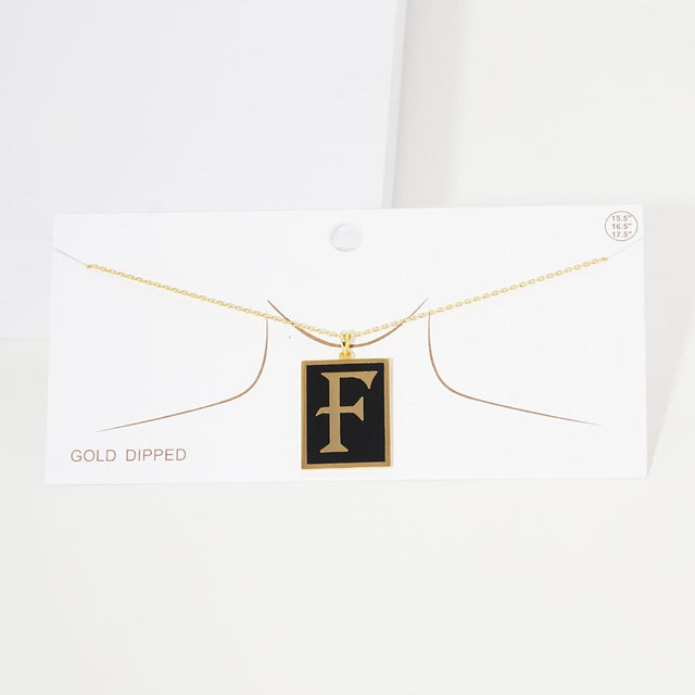 Gold -F- Gold Dipped Enamel Rectangle Initial Monogram Pendant Necklace