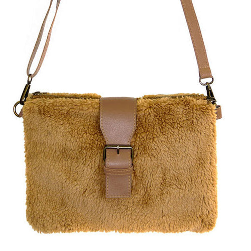 Fashionable Sherpa Fleece Belt Crossbody Bag - Brown