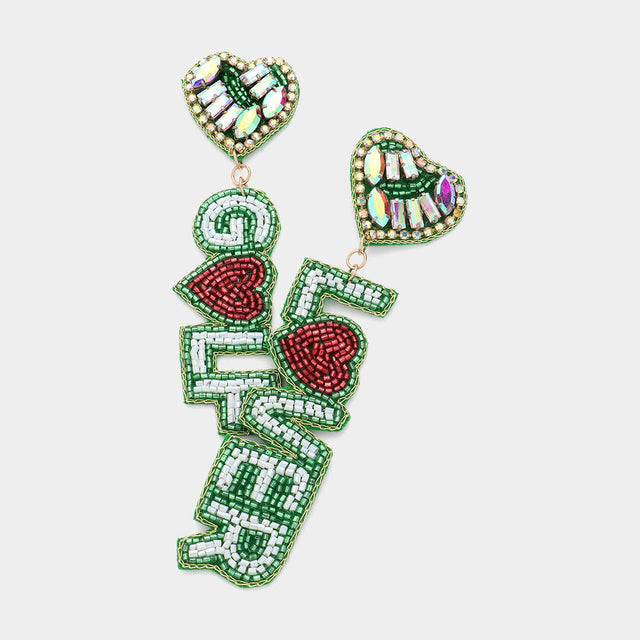 Green Felt Back GOLF LOVER Message Beaded Dangle Earrings
