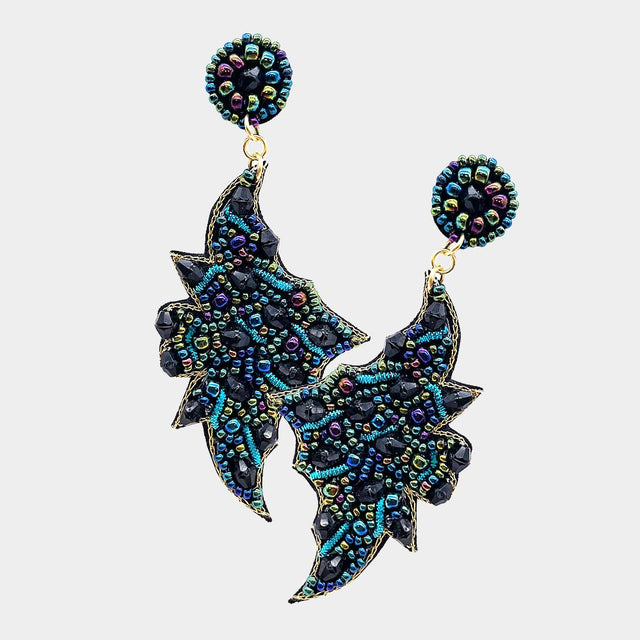 Black Felt Back Multi Beaded Bat Dangle Earrings