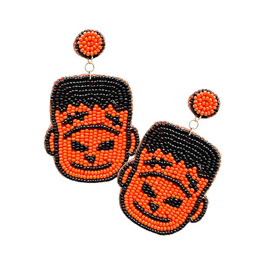 Felt Back Seed Beaded Frankenstein Dangle Earrings - Orange - Earrings
