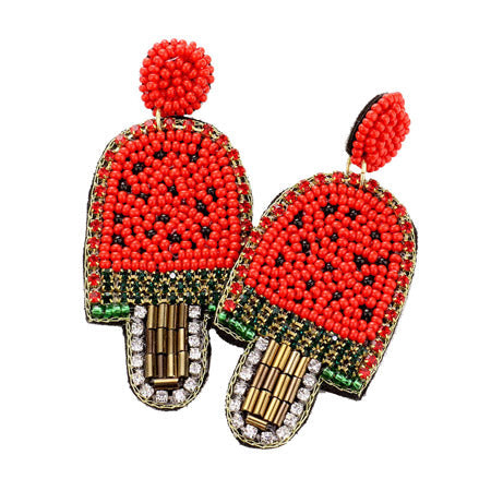 Red Seed Bead Watermelon Popsicle Earrings handcrafted jewelry adds a pop of pretty color, these vibrant artisanal earrings show off your fun trendsetting style. Perfect Birthday Gift, Mother's Day Gift, Anniversary Gift, Thank you Gift, Graduation, Prom, Sweet 16, Quincea√±era, Red Popsicle Watermelon Earrings 