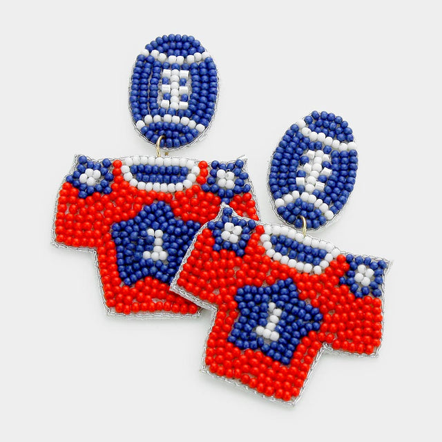 Blue, Red Felt Back Seed Beaded Football Uniform Link Dangle Earrings