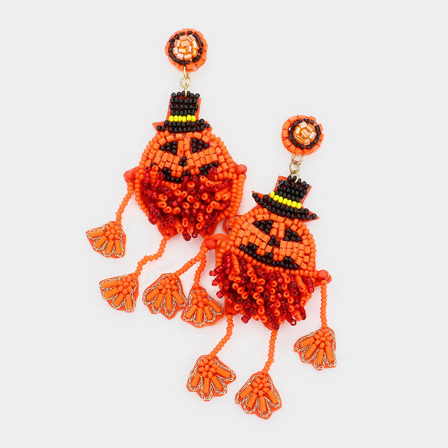 Orange Felt Back Seed Beaded Pumpkin Dangle Earrings