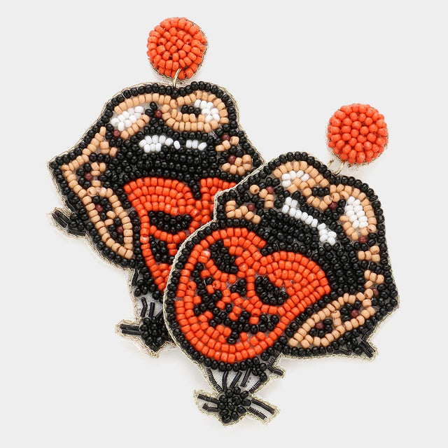 Orange Felt Back Seed Beaded Tongue Out of Mouth Spider Dangle Earrings