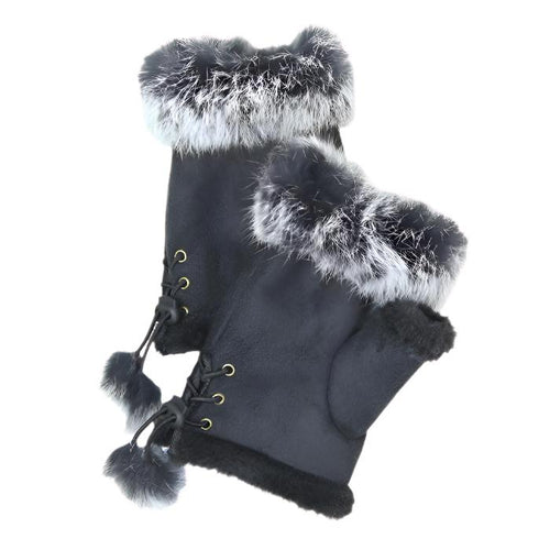 Women's Fingerless Faux Fur Trim Suede Gloves Drawstring - Black
