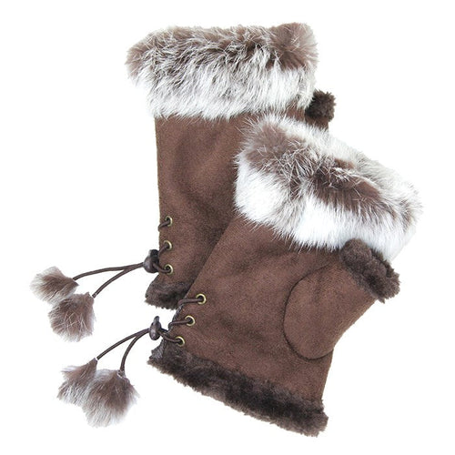 Women's Fingerless Faux Fur Trim Suede Gloves Drawstring - Brown