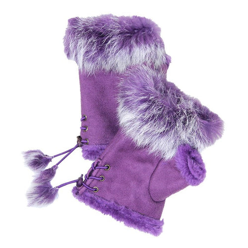Women's Fingerless Faux Fur Trim Suede Gloves Drawstring - Purple