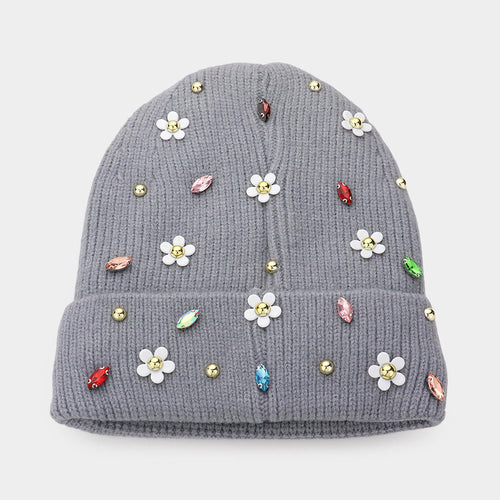 Fleece Lining Daisy Flower Stone Embellished Solid Knit Beanie Hat - Gray