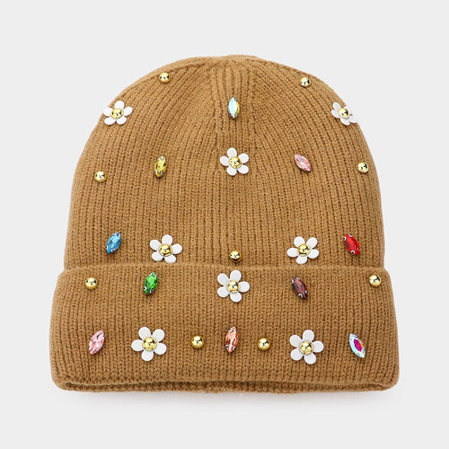 Fleece Lining Daisy Flower Stone Embellished Solid Knit Beanie Hat - Brown
