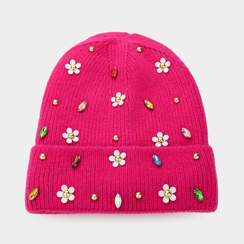 Fleece Lining Daisy Flower Stone Embellished Solid Knit Beanie Hat - Fuchsia