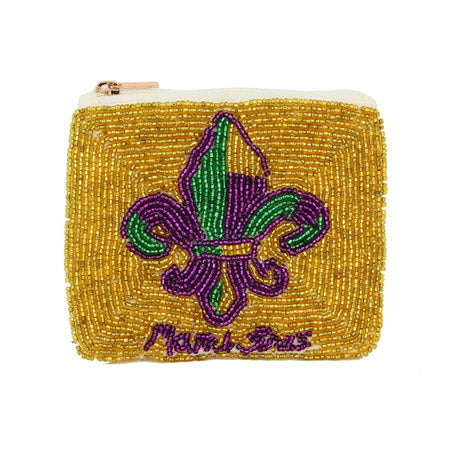 Fleur de Lis Mardi Gras Message Seed Beaded Mini Pouch Bag, Be the ultimate fashionista while carrying this trendy seed-beaded coin purse on this Mardi Gras! Great to carry something small or drop it in your bag. Perfect for carrying makeup, money, credit cards, keys or coins, & many more things.