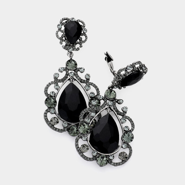 Black Floral Crystal Teardrop Clip On Evening Earrings
