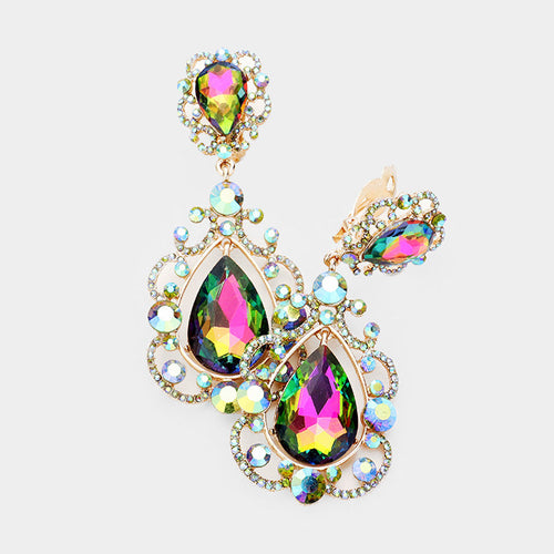 Floral Crystal Teardrop Clip On Evening Earrings - Vitrail Medium